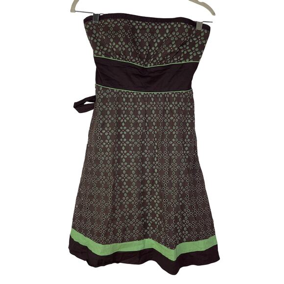 Vintage Y2K Teeze Me Women's 5 Dress Strapless Brown Green Eyelet Tie Waist‎ - Picture 1 of 7